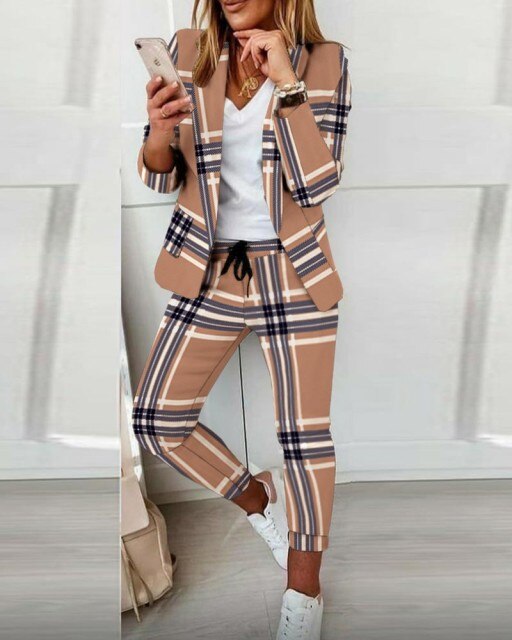 2021 Women New Autumn Lapel Collar Double Breasted Blazer & Tailored Pants Set Long Leggings Suit Elegant 2 Piece Outfits