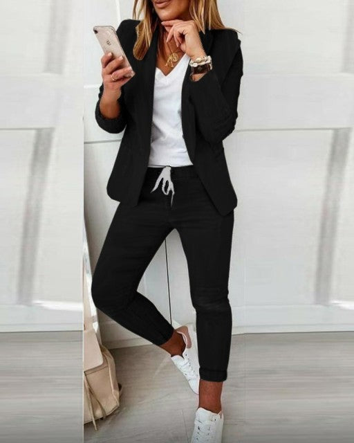 2021 Women New Autumn Lapel Collar Double Breasted Blazer & Tailored Pants Set Long Leggings Suit Elegant 2 Piece Outfits