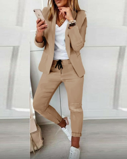 2021 Women New Autumn Lapel Collar Double Breasted Blazer & Tailored Pants Set Long Leggings Suit Elegant 2 Piece Outfits